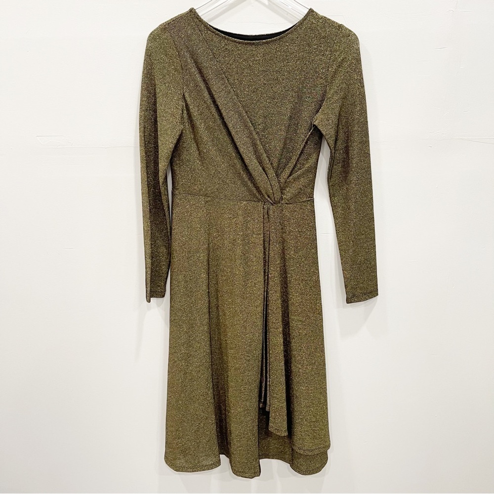 Donna Karan NY Gold Metallic Long Sleeve Fit & Flare Dress Size XS Side Knot